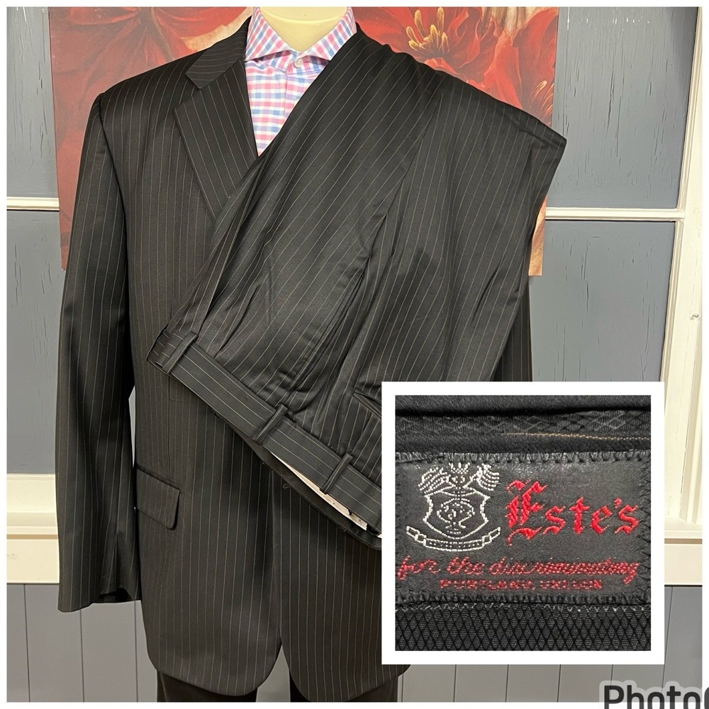 Estes Custom Suit Men 50L Long Wool Cuffed Pleated Pants 42x29 Tailored Black‎